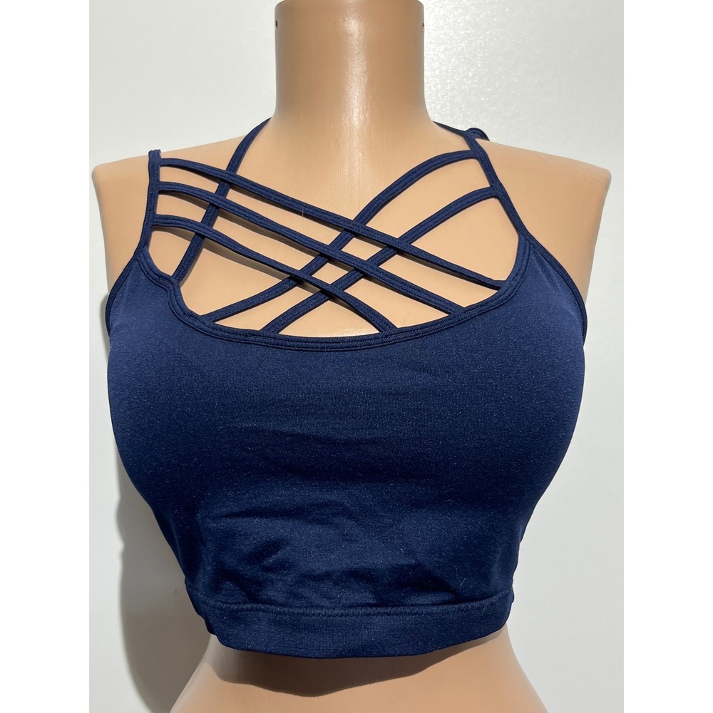Zenana Outfitters Navy Blue Strappy Lattice Front Sports Bra NT-6659 L/XL - Picture 2 of 7